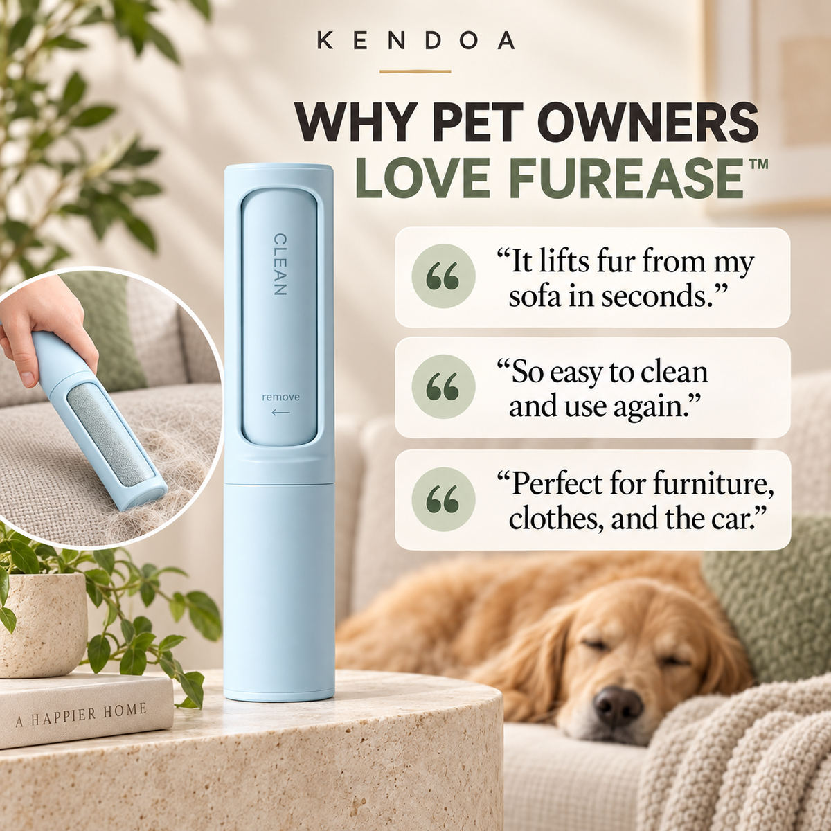 FurEase pet hair remover with testimonial highlights